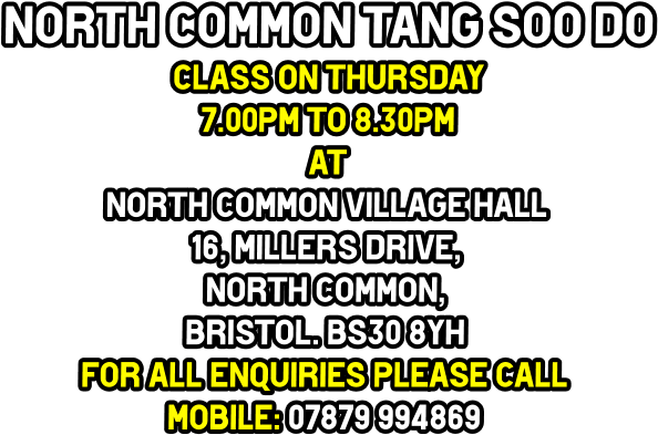 North Common Tang Soo do Class on Thursday  7.00pm to 8.30pm at North Common Village Hall 16, Millers drive, North Common, Bristol. BS30 8YH For all enquiries Please call Mobile: 07879 994869