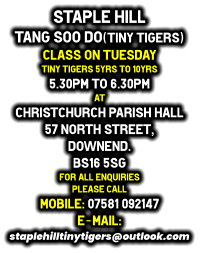 Staple Hill  Tang Soo do(tiny tigers) Class on Tuesday Tiny Tigers 5yrs to 10yrs 5.30pm to 6.30pm at Christchurch Parish Hall 57 North Street,  downend. BS16 5SG for all enquiries please call mobile: 07581 092147 e-mail:  staplehilltinytigers@outlook.com