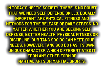In today’s hectic society, there is no doubt that we need self defense skills. Equally important are physical fitness and methods for the release of daily stress  No matter whether you are seeking self defense, better health, physical fitness or discipline, our Tang Soo do can meet your needs. However, Tang Soo do has its own unique character which differentiates it from any other form of  martial arts or martial sports.