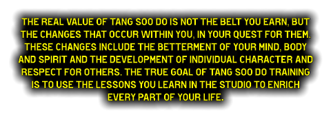 The real value of Tang Soo do is not the belt you earn, but the changes that occur within you, in your quest for them. These changes include the betterment of your mind, body and spirit and the development of individual character and respect for others. The true goal of Tang Soo do training is to use the lessons you learn in the studio to enrich every part of your life.