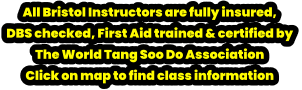 All Bristol Instructors are fully insured,  DBS checked, First Aid trained & certified by  The World Tang Soo Do Association Click on map to find class information