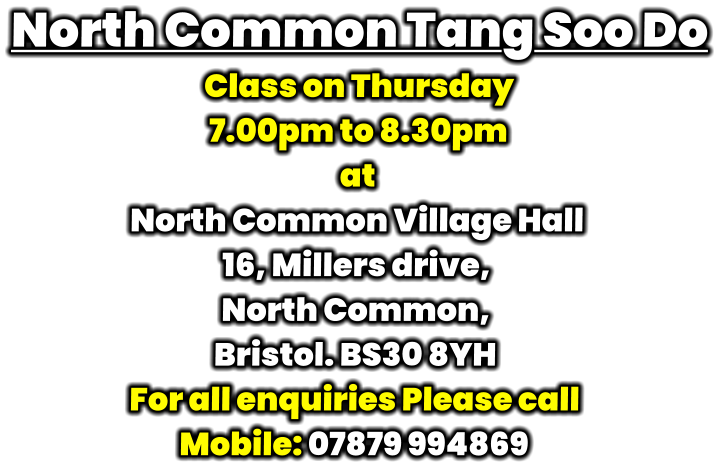 North Common Tang Soo Do Class on Thursday  7.00pm to 8.30pm at North Common Village Hall 16, Millers drive, North Common, Bristol. BS30 8YH For all enquiries Please call Mobile: 07879 994869