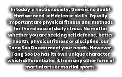 In today’s hectic society, there is no doubt that we need self defense skills. Equally important are physical fitness and methods for the release of daily stress  No matter whether you are seeking self defense, better health, physical fitness or discipline, our Tang Soo Do can meet your needs. However, Tang Soo Do has its own unique character which differentiates it from any other form of  martial arts or martial sports.