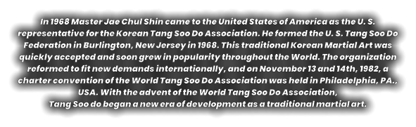 In 1968 Master Jae Chul Shin came to the United States of America as the U. S. representative for the Korean Tang Soo Do Association. He formed the U. S. Tang Soo Do Federation in Burlington, New Jersey in 1968. This traditional Korean Martial Art was quickly accepted and soon grew in popularity throughout the World. The organization reformed to fit new demands internationally, and on November 13 and 14th, 1982, a charter convention of the World Tang Soo Do Association was held in Philadelphia, PA., USA. With the advent of the World Tang Soo Do Association,  Tang Soo do began a new era of development as a traditional martial art.